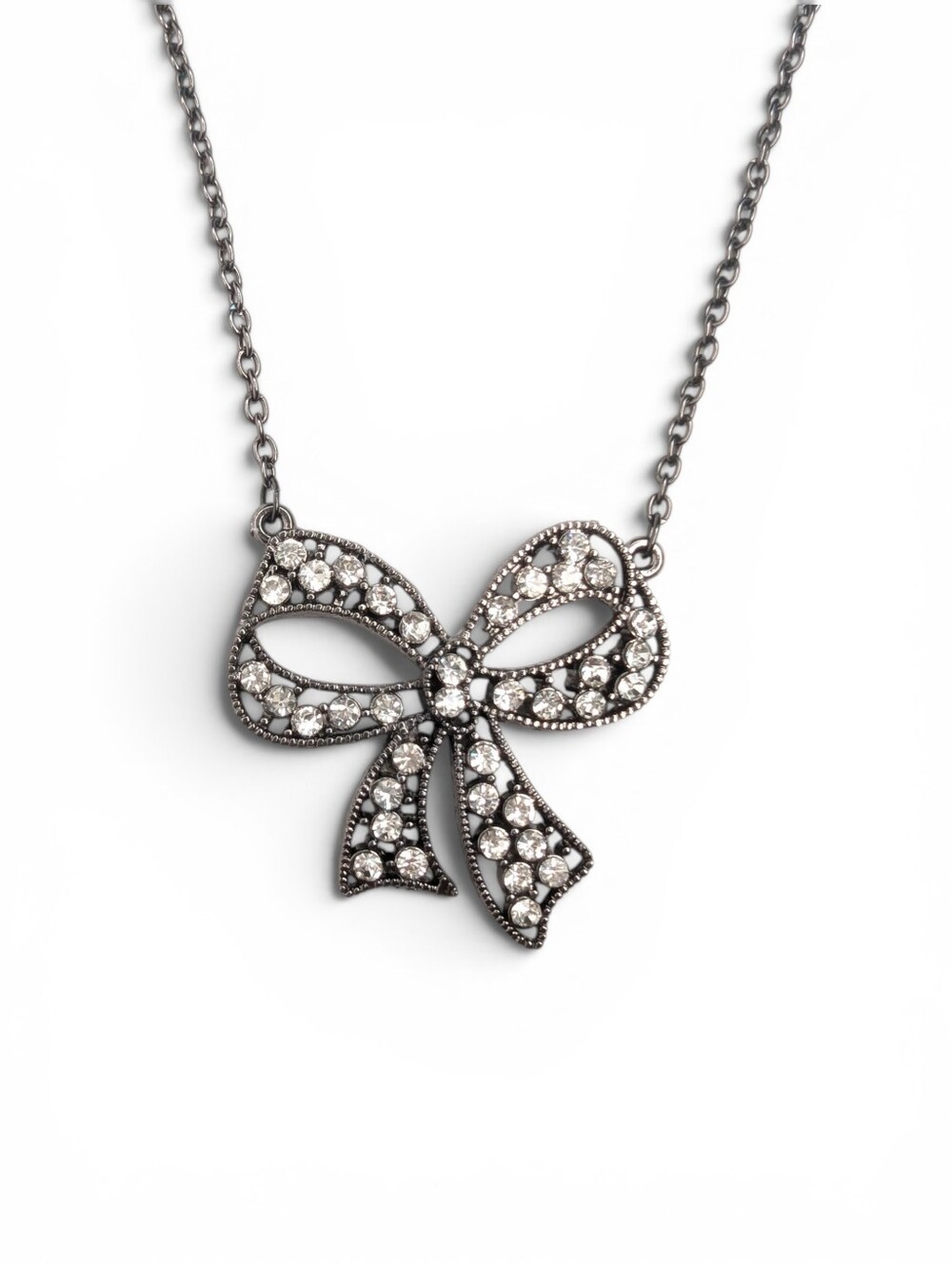 Vintage Coquette Y2K Gunmetal Rhinestone Bow Pendant Necklace